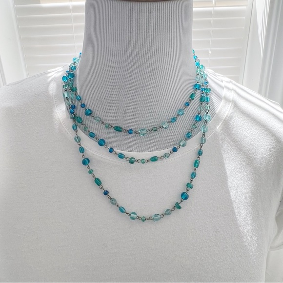 AEO Long Necklace in Shades of Blue Glass Beads and Silver Chain - Picture 3 of 9
